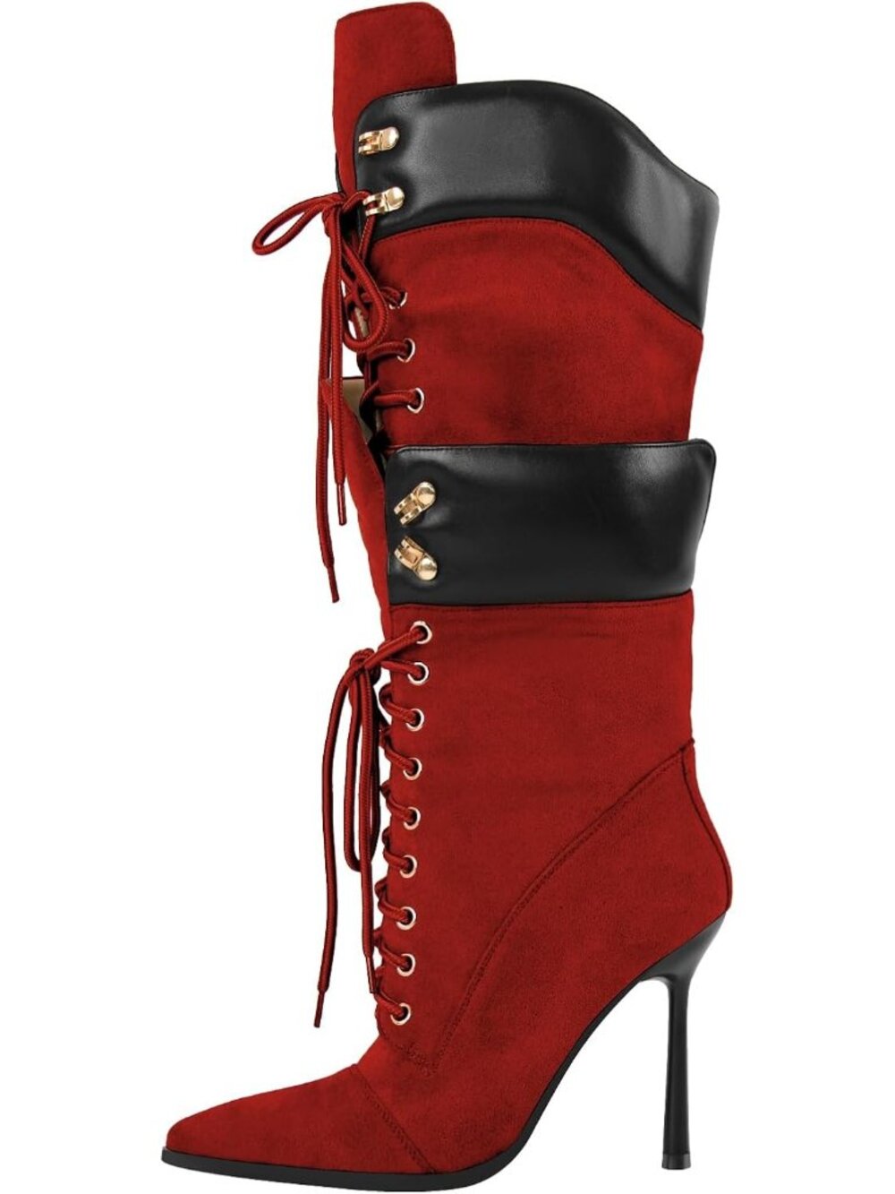 Women's Suede Red Double Lace Pointed Toe Stilettos Strappy Knee High Boots